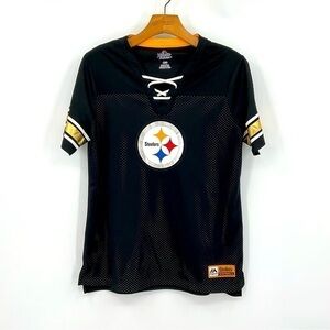 Steelers Mesh Logo Short Sleeve‎ Womens Lace up top Size Large J9